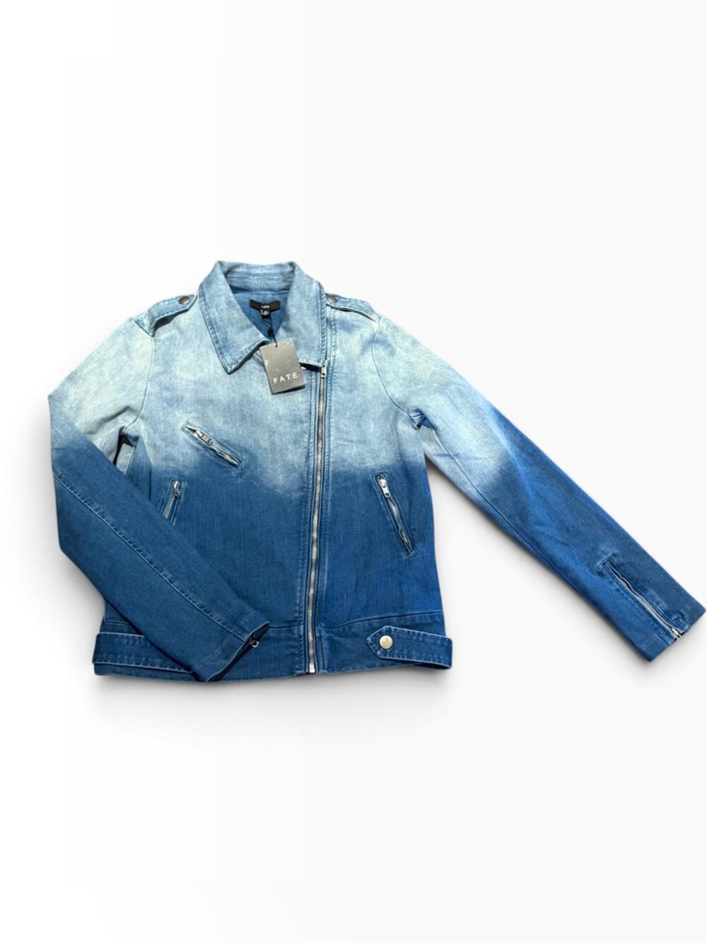 Fate Women’s Size Medium Ombré Blue Denim Moto Style Jacket NWT